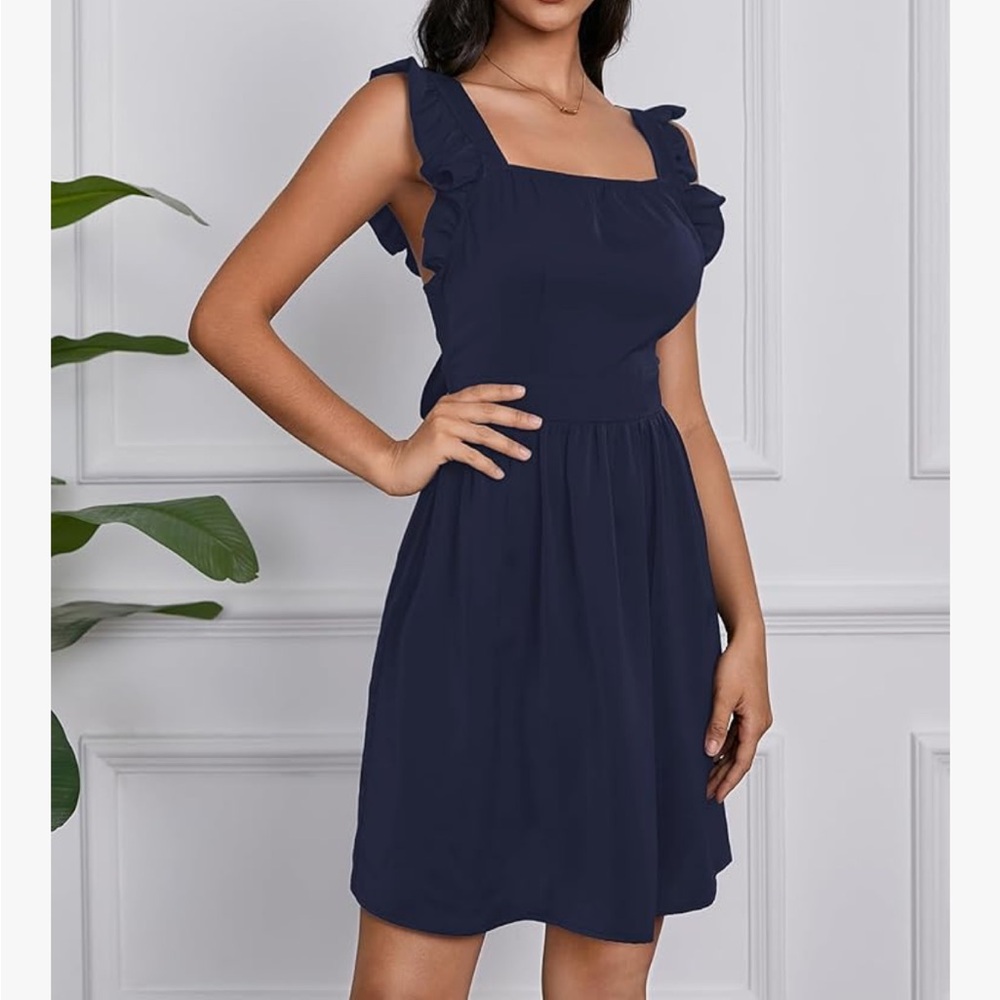 BLACK Tie Back Square Neck Ruffle Strap Sleeveless A Line Flare Flowy Dress